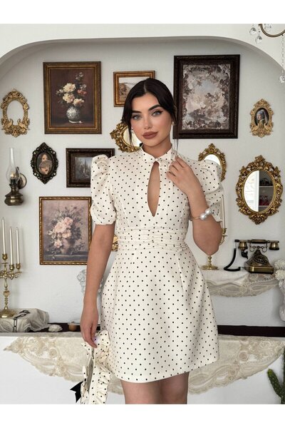 Moda Days Rochie mini ecru pentru femei, cu buline, guler înalt, decolteu la ...