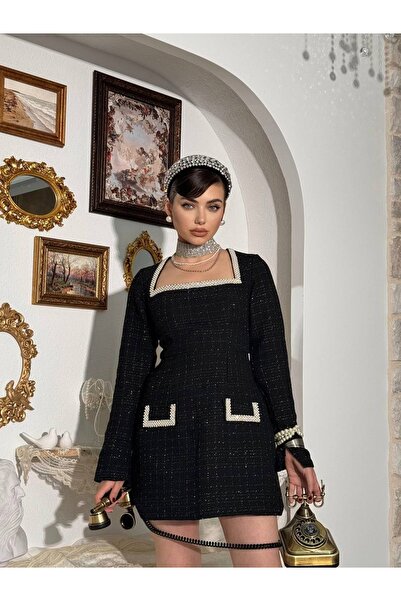 Clothes Fast Rochie mini neagră de damă, cu guler pătrat, cu detalii perlate,...