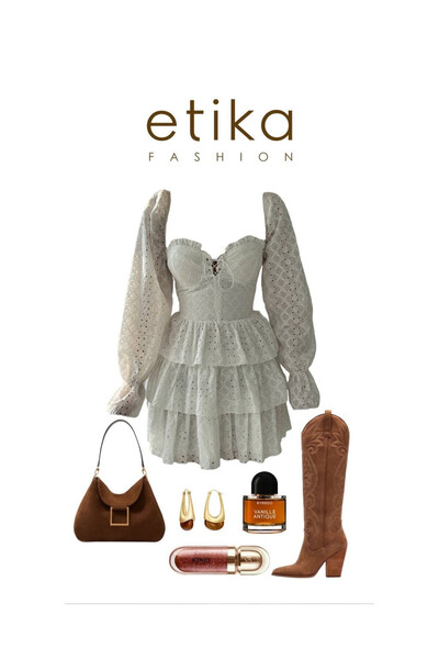 Clothes Fast Γυναικείο Μίνι Φόρεμα Εκρού με Κέντημα Φιόγκο, Δαντέλα στο Στήθο...