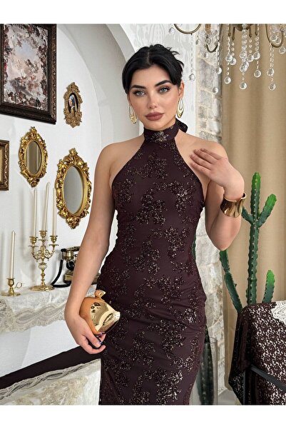 Moda Days Rochie midi maro pentru femei, cu guler halter, din tul brodat, cu ...