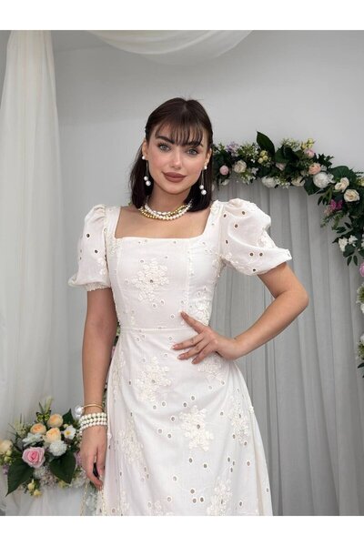Clothes Fast Rochie midi din poplin, bej, cu broderie florală, detaliu feston...