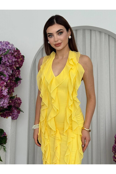 Clothes Fast Rochie midi Sari pentru femei, cu decolteu în V, din șifon, fără...