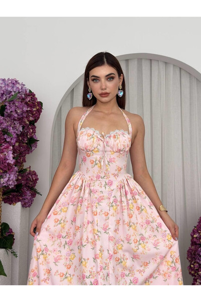 Moda Days Γυναικείο ροζ μίντι φόρεμα με φλοράλ σχέδιο, γιακά halter, δαντέλα ...