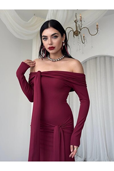 Clothes Fast Women's Burgundy Long Boat Neck Draped Dress with Tie Detail and...