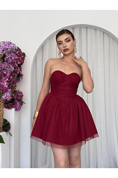 Moda Days Women's Burgundy Mini Dress Strapless Sweetheart Neckline Gathered ...
