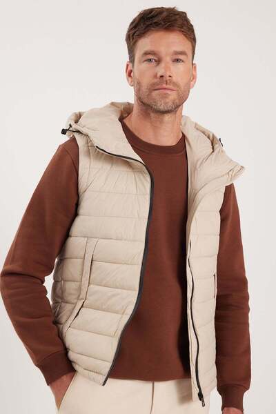 Tudors Men's Relax Fit Comfortable Cut Hooded Double Pocket Beige Puffer Vest
