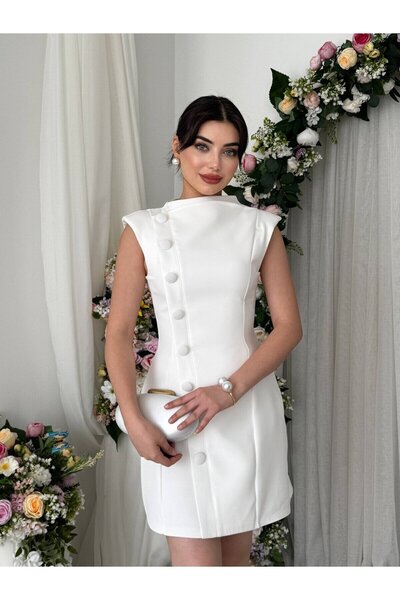Moda Days Rochie mini ecru pentru femei, cu nasturi asimetrici, umeri captuși...