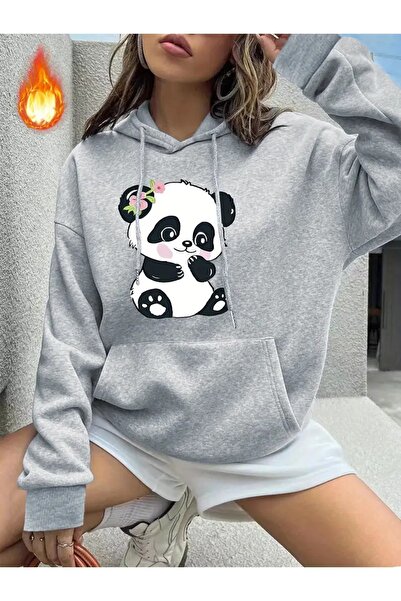 JENOLAN Cute Panda Printed Black Gray Hooded Kangaroo Pocket Unisex Oversize ...
