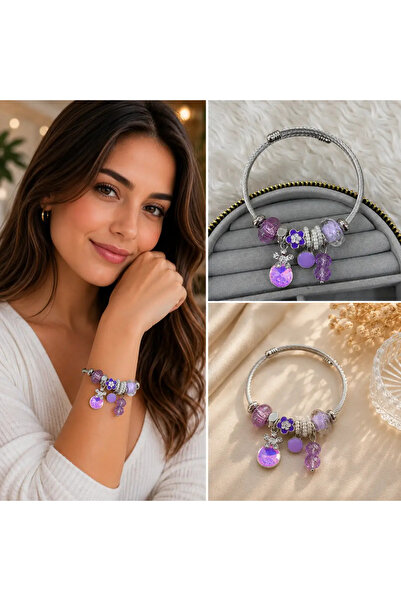 Bozhi Purple Flower and Crystal Accessory Detailed Silver Color Women's Acces...