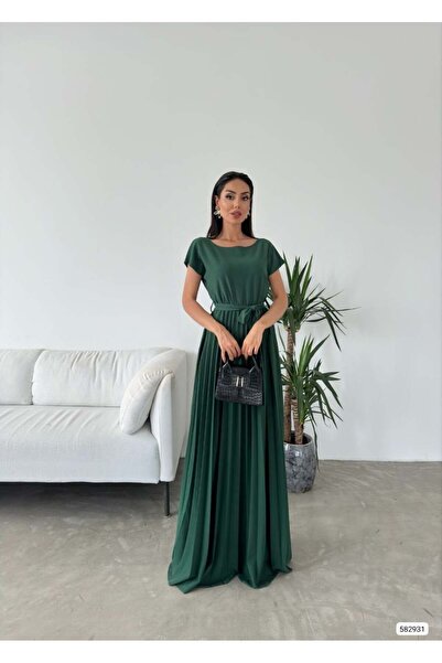 Modafeminen فستان زمردي مطوي بحزام طويل 582931