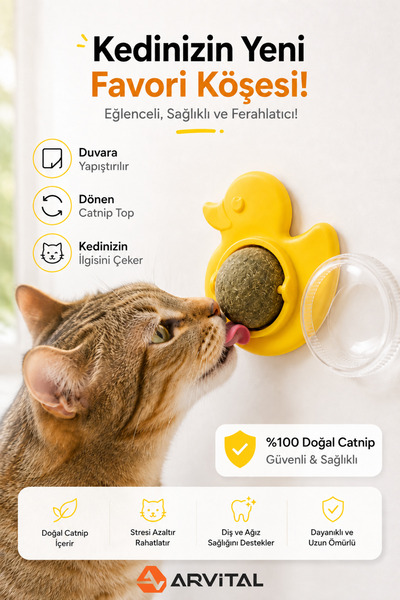 Arvital Ördek Tasarımlı Duvara Yapışan Kedi Nanesi Topu Döner Catnip Yalama O...