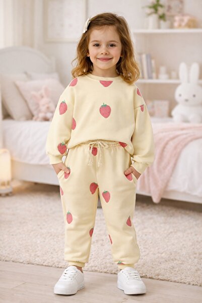 Snook kids Korakababy Kız Çocuk Çilek Desenli Alt Üst Eşofman Takımı Krem 2-7...