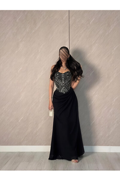 Generic Brand Black Long Evening Dress with Beaded Corset