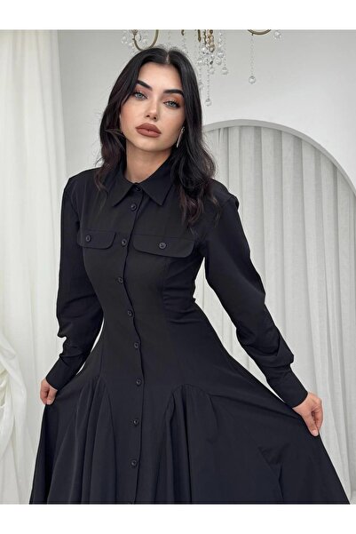 Clothes Fast Women's Black Poplin Shirt Collar Long Sleeve Buttoned Cover Det...