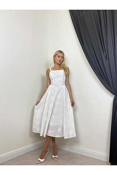 Clothes Fast Women's White Strappy Square Neck Embroidered Midi A-Line Woven ...