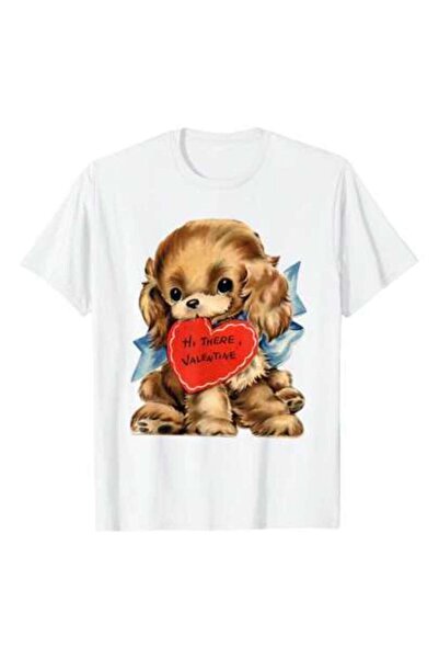 LİNA06 Vintage Retro Valentine's Day Puppy Dog Valentine T-Shirt, 220g Pure C...