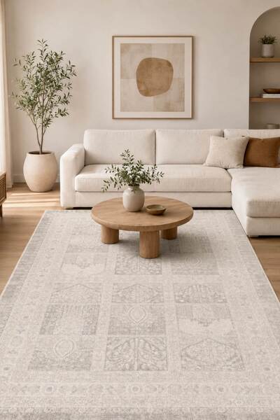 Oriente Home Arvena Serisi Retro Gri Şönil Makine Halısı Kaymaz Taban Yıkanabilir Salon Halısı 5002
