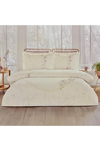 Özdilek Double Fitted Sheet Ranforce Duvet Cover Set Krans Beige