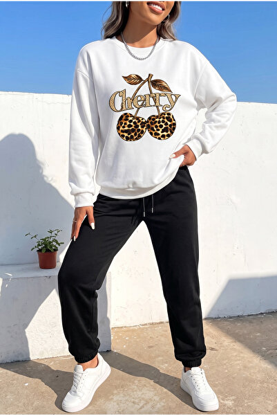 uyguntarz Unisex Leopard Patterned Cherry Design Printed Crew Neck Sweatshirt...