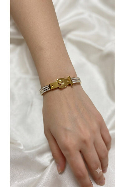 Bymiel Gold Belt Model Stone Detailed Steel Handcuff Bracelet – Women's 316L ...