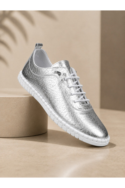 MELİS'E Vip-Silver Color Genuine Leather Large Size Orthopedic Soft Shoes fro...