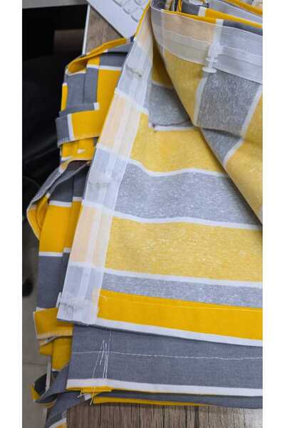 SHY TEKSTİL Yellow Gray Balcony Curtain with Top Cornice, Lace-Up, Sun and Wind Protection Outdoor Curtain