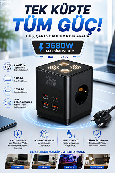 Merwish Akım Korumalı Küp Priz 3680W 16A 230V, 3 Topraklamalı AC Priz, 2 USB-A, 2 Type-C 25W Hızlı Şarj, 1 Metre Kablolu Çoklu Priz