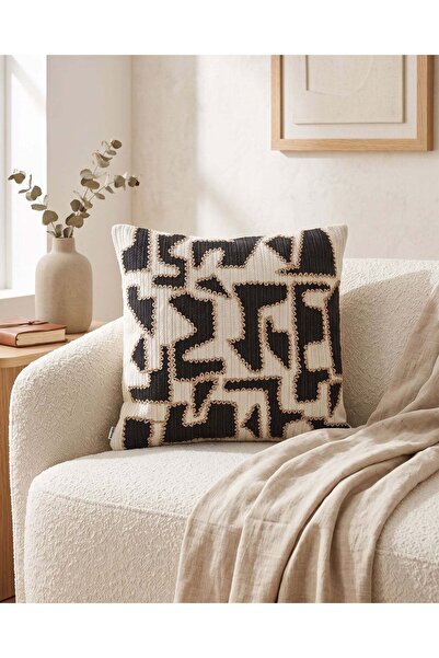 REDTAG Ivory And Black Abstract Embroidered Cushion 45x45cm