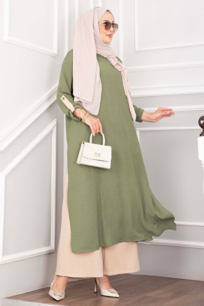 EBRUTESETTÜR Slit Detailed Long Tunic Trouser Set Khaki