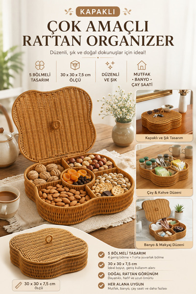 ALL FAST Kapaklı 5 Bölmeli Hasır Desenli Plastik Rattan Organizer Kutu 30x30 ...