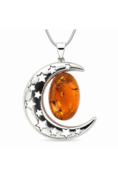 craftmystic Colier Argint 925 cu Chihlimbar Rosu Semiluna - Protectie si Ener...