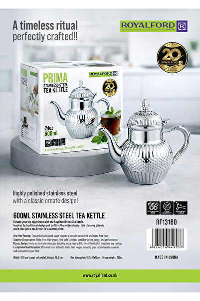 ROYALFORD 600ml (24oz) Prima Stainless Steel Tea Kettle RF13160 Drip Free Pou...