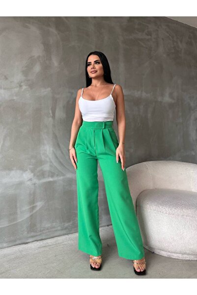 Olbia Women's Green Velcro Pleated High Waist Palazzo Pants with Pockets