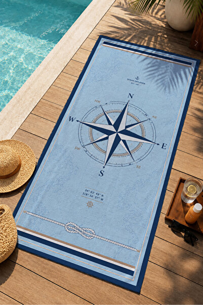 Evmila Vintage Compass Rose Blue Map Patterned 70X150 Beach Towel - Digital P...
