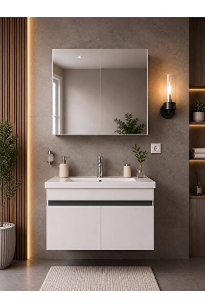 Genel Markalar Modern Linea 80 cm Beyaz Renkli MDF Seramik Lavabolu Alt ve Üs...