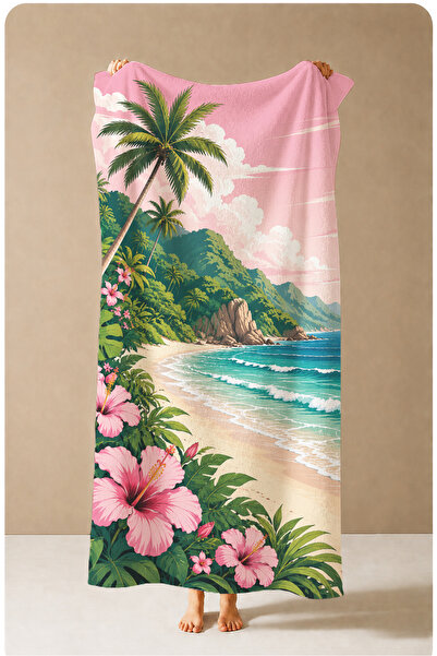 Evmila Tropical Pink Hibiscus Koy Patterned 70X150 Beach Towel - Digital Prin...