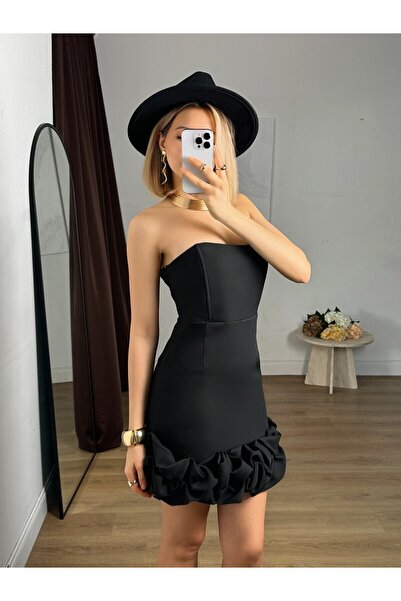 Moda Days Women's Black Strapless Flounce Mini Slim Fit Plain Woven Event Dress