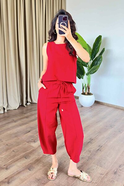 Clothes Fast Women's Red Linen Sleeveless Blouse with Elastic Waist and Pocke...