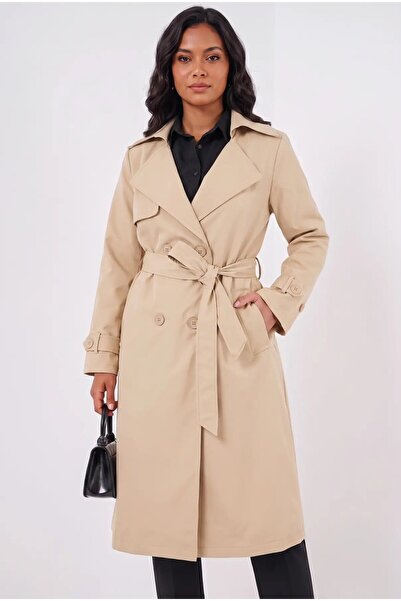 hazelin Women's Biscuit Double-Breasted Collar Belted Lined Trench Coat Hzl25...
