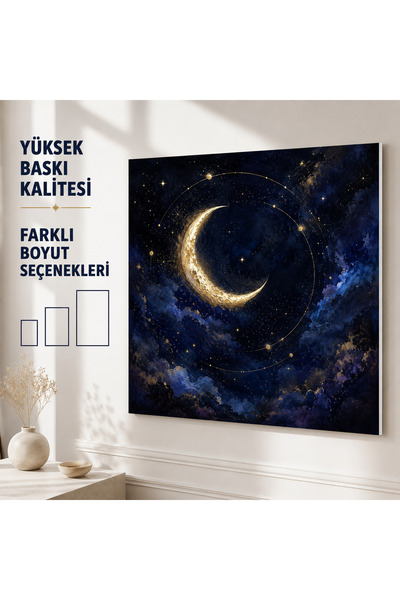 HiperAD Reklam Altın Hilal Ay ve Yıldızlı Galaksi Dekota Tablo, Lacivert Göky...