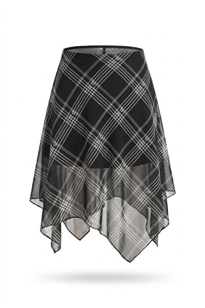 Dumy Plaid Asymmetrical Cut Chiffon Skirt