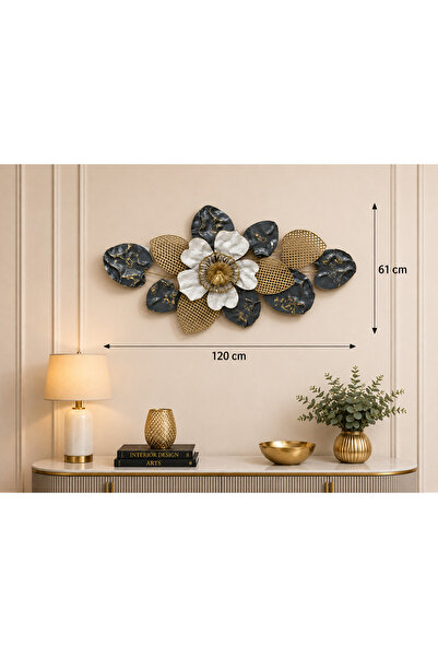 Hinora Home Dekoratif Metal Duvar Panosu Siyah Gold Çiçek Desenli Büyük Boy M...