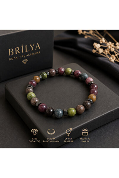 Premium Renkli Doğal Taş Bileklik | Hematit Ara Taşlı Erkek & Unisex Elastik Bileklik | 8 mm | Hediyelik