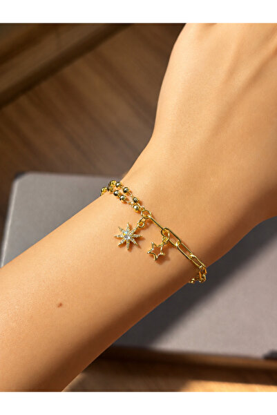 ZEYNORA JEWELLERY Women's Star Figured Bracelet - Gold Color, Two Types of Ch...