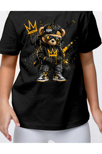 TİMİSİVA Hip Hop Teddy Bear Printed Children's T-Shirt Black Cotton Dtf Print...