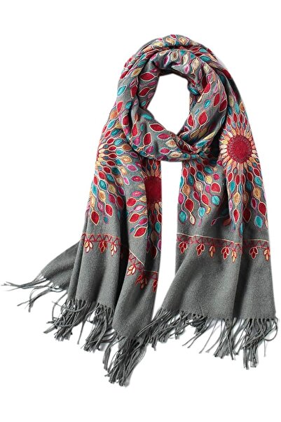 Urban CoCo Women's Embroidered Oversize Tassel Shawl Scarf