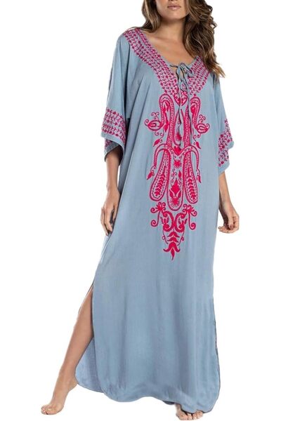YouKD Summer Cotton Embroidered Floral Loose Caftan Boho Beach Bikini Cover U...