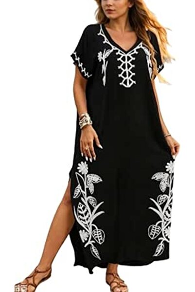 YouKD Summer Cotton Embroidered Floral Loose Caftan Boho Beach Bikini Cover U...