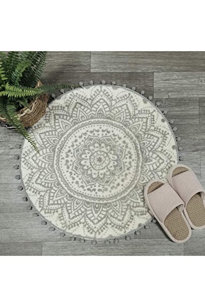 UpHome Small Round Rug 2.3’ Grey Mandala Boho Bathroom Rugs with Pom Poms Fri...