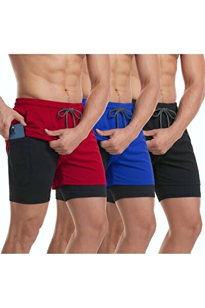 Sureio 3 Pcs Men's 2 in 1 Workout Running Shorts Athletic Gym Shorts with Lin...